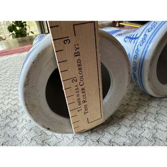 2 China Chinese Blue & White Porcelain Candlesticks Bamboo Prunus & Fungi pair - Picture 11 of 16